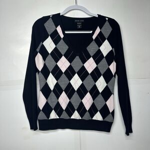 New York & Company Women’s Large Argyle V-Neck Sweater Black Pink Gray